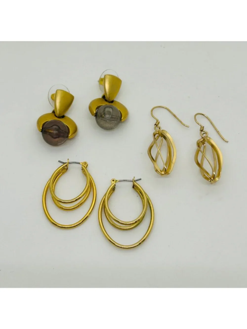 Modernist Gold Tone Acrylic Grey Orb Drop Dangle Hoop Pierced Earring 3 Pair Lot